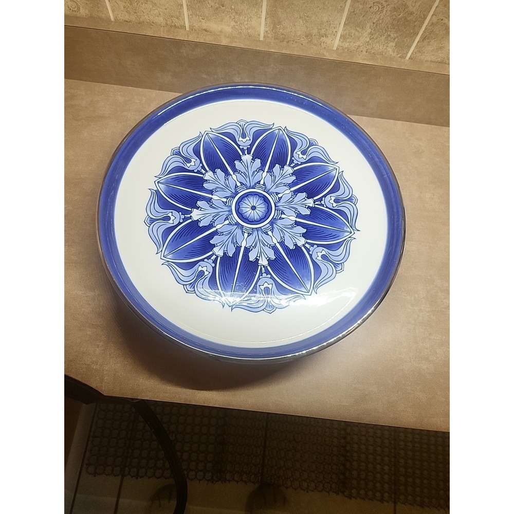 Bombay Cake Plate Heavy Ceramic Blue Silver White Floral 90's Serving Tray Decor